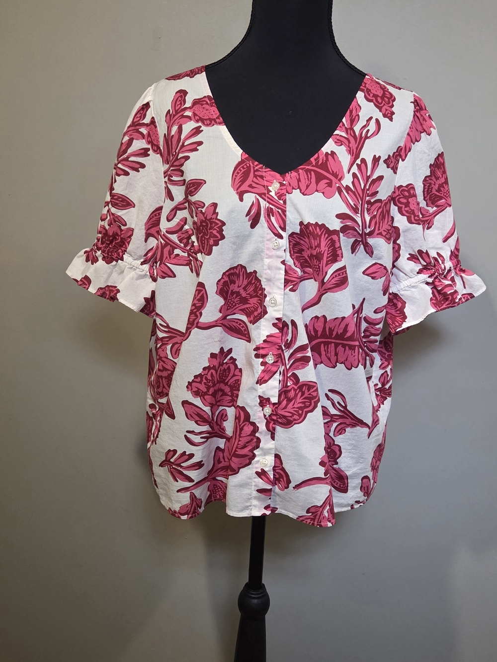 Talbots White Button-Front Blouse with Pink Floral Print